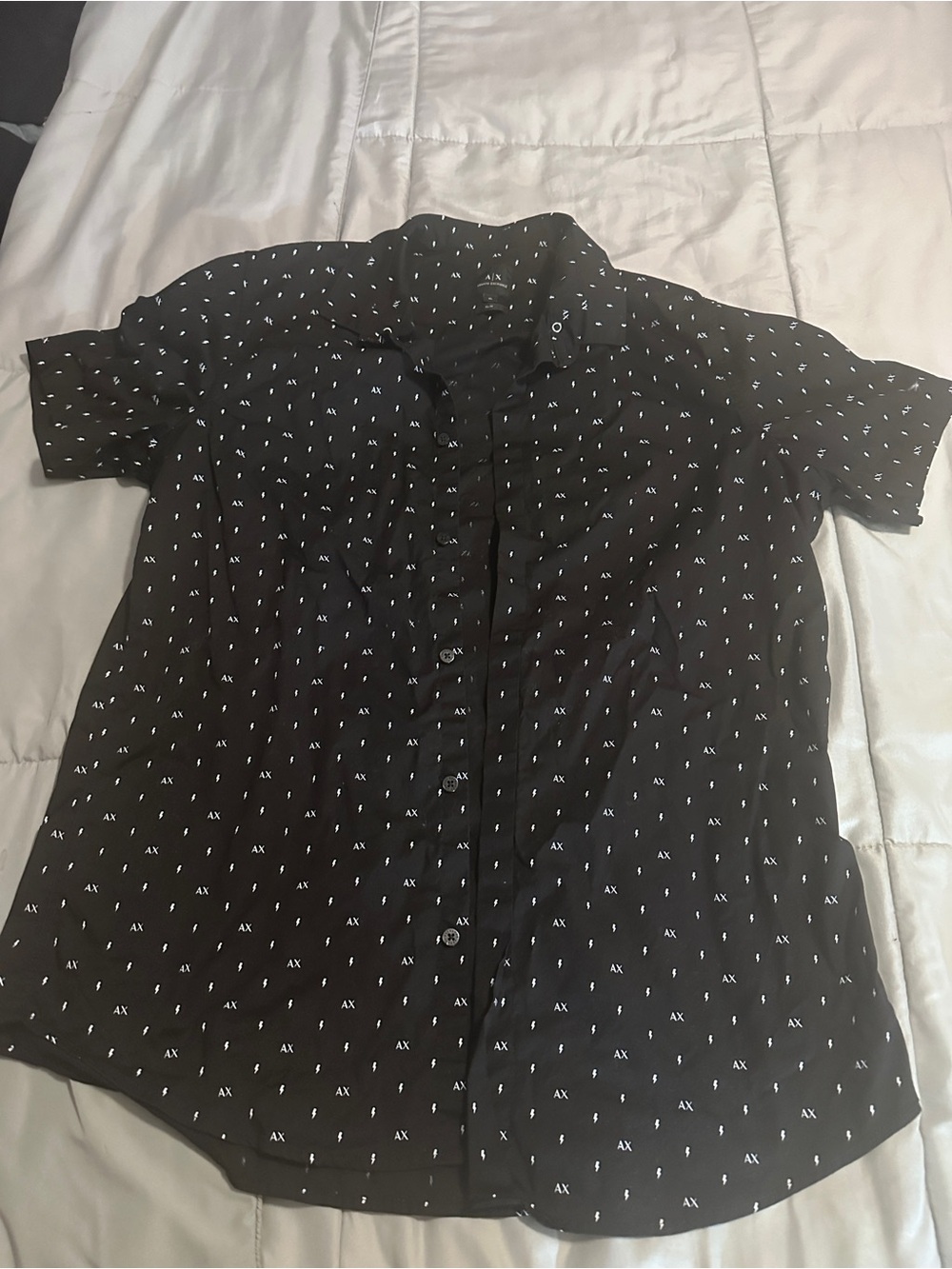 Armani Exchange Black Short-Sleeve Button-Up Shirt with White AX Microprint